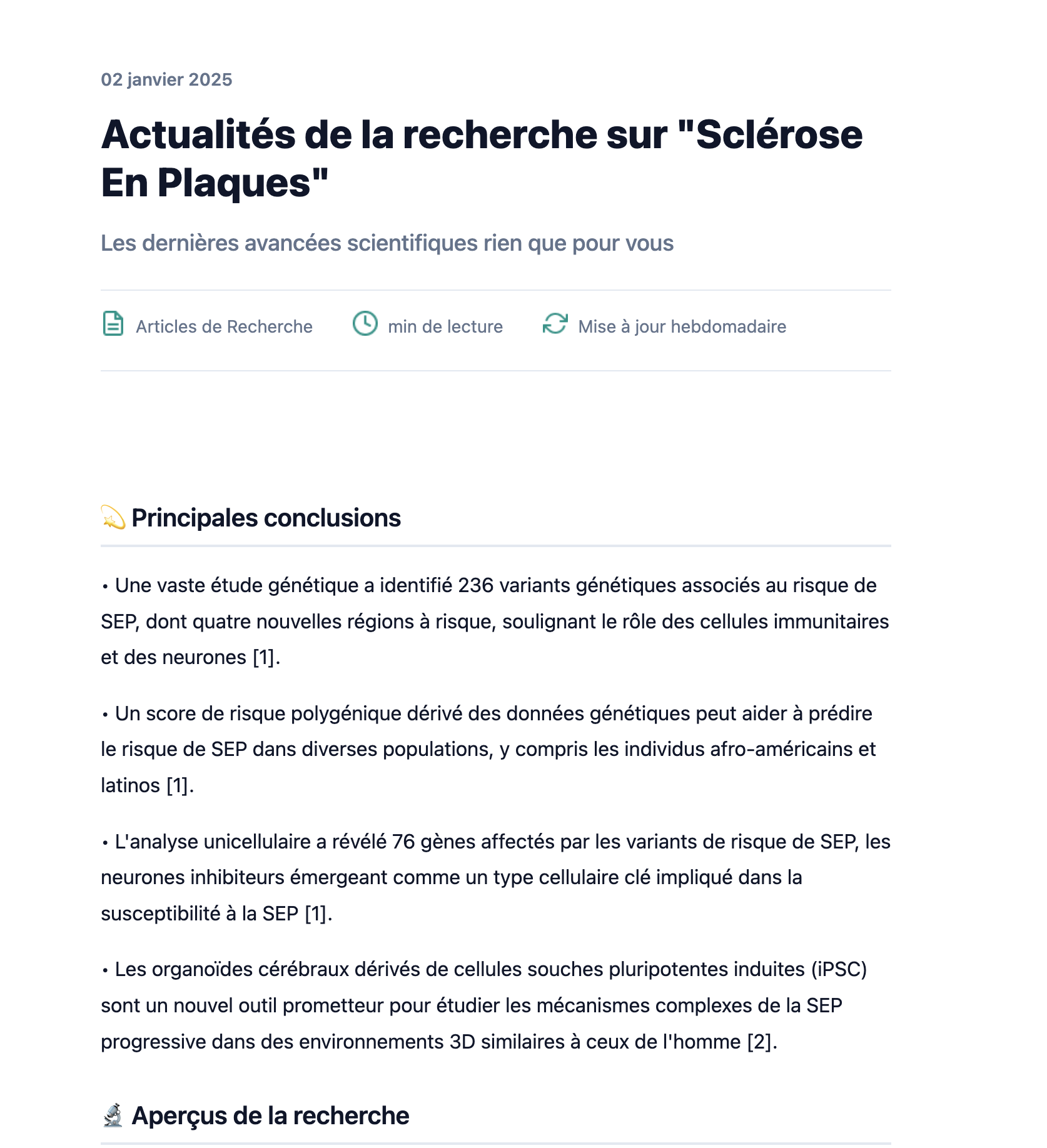 Exemple d'email de mise à jour recherche
